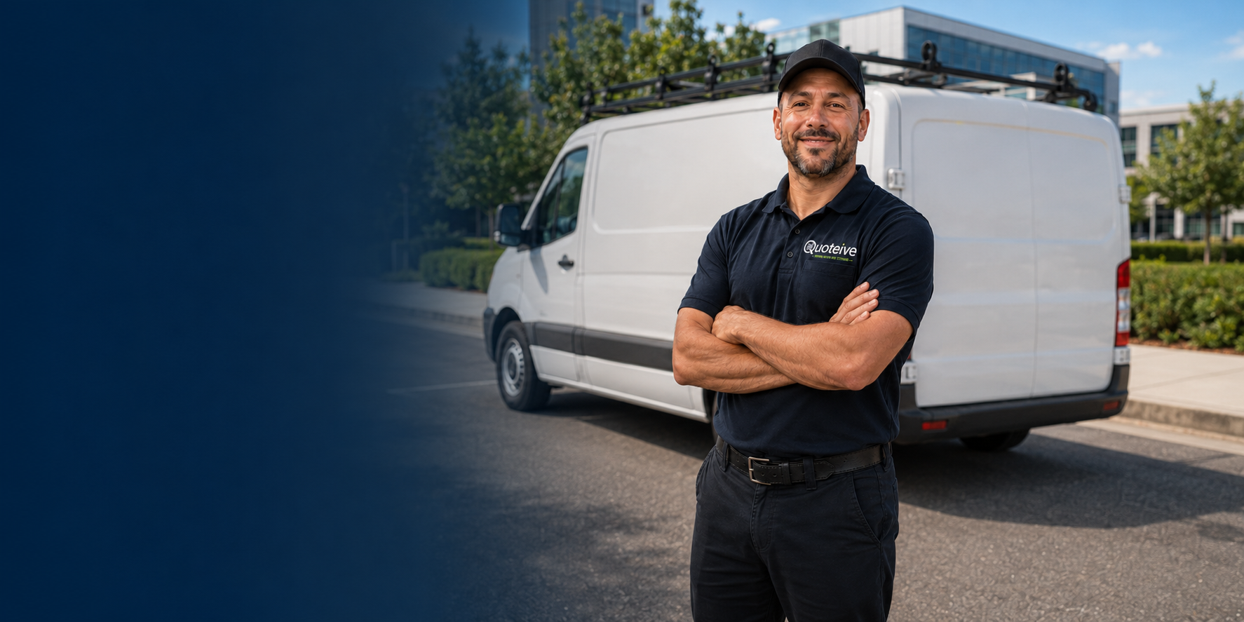 Quoteive representative Mark in a branded polo standing beside an unbranded service van